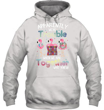 Load image into Gallery viewer, Apparently We're Trouble Pink Flamingo Quilting Together Hoodie
