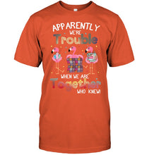Load image into Gallery viewer, Apparently We're Trouble Pink Flamingo Quilting Together Guys Tee
