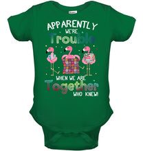 Load image into Gallery viewer, Apparently We're Trouble Pink Flamingo Quilting Together Baby Onesie
