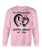 Load image into Gallery viewer, Maryland Girl Loves Boots Horse And Wine  For Personalized Nation Gift Sweatshirt
