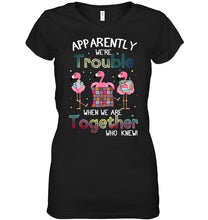 Load image into Gallery viewer, Apparently We're Trouble Pink Flamingo Quilting Together Ladies V-Neck
