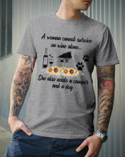 Load image into Gallery viewer, A Woman Cannot Survive On Wine Alone She Also Needs A Camper And A Dog Guys Tee
