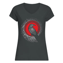 Load image into Gallery viewer, Raven Viking Culture Celtic Design Gray And Red Ladies V-Neck
