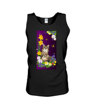 Load image into Gallery viewer, Flowers Under Butterfly Purple With Cat Gift For Cat Lovers Unisex Tank Top
