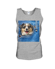 Load image into Gallery viewer, Australian Shepherd In Denim Pocket Gift For Dog Lovers Unisex Tank Top
