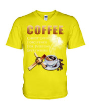 Load image into Gallery viewer, Coffee Christ Offers Forgiveness For Everyone Everywhere Guys V-Neck
