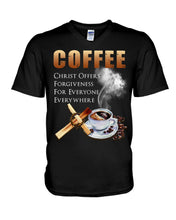 Load image into Gallery viewer, Coffee Christ Offers Forgiveness For Everyone Everywhere Guys V-Neck
