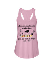 Load image into Gallery viewer, A Woman Cannot Survive On Wine Alone She Also Needs A Camper And A Dog Ladies Flowy Tank
