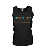 Load image into Gallery viewer, Vintage 1967 Knows More Than She Says And Notices More Than You Realize Unisex Tank Top
