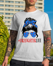 Load image into Gallery viewer, Firefighter Make You Life Safe Lady With Blue Ribbonhead Gift For Women Guys Tee
