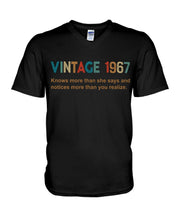 Load image into Gallery viewer, Vintage 1967 Knows More Than She Says And Notices More Than You Realize Guys V-Neck
