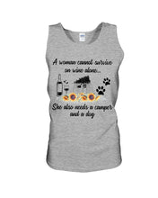 Load image into Gallery viewer, A Woman Cannot Survive On Wine Alone She Also Needs A Camper And A Dog Unisex Tank Top
