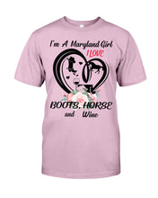 Load image into Gallery viewer, Maryland Girl Loves Boots Horse And Wine  For Personalized Nation Gift Guys Tee
