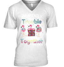 Load image into Gallery viewer, Apparently We're Trouble Pink Flamingo Quilting Together Guys V-Neck
