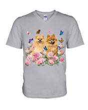 Load image into Gallery viewer, Peonies Garden Butterflies Pomeranian Gift For Dog Lovers Guys V-Neck
