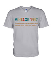 Load image into Gallery viewer, Vintage 1967 Knows More Than She Says And Notices More Than You Realize Guys V-Neck
