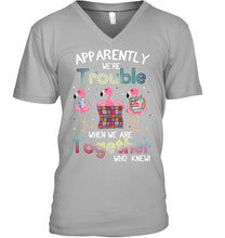 Load image into Gallery viewer, Apparently We're Trouble Pink Flamingo Quilting Together Guys V-Neck
