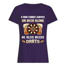 Load image into Gallery viewer, A Man Cannot Survive On Beer Alone He Also Needs Darts Trending Ladies Tee
