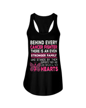 Load image into Gallery viewer, Behind Every Breast Cancer Fighter There Is An Even Stronger Family Ladies Flowy Tank
