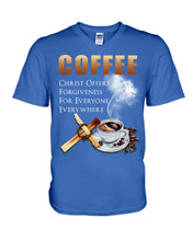 Load image into Gallery viewer, Coffee Christ Offers Forgiveness For Everyone Everywhere Guys V-Neck
