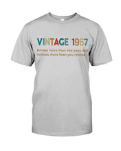 Load image into Gallery viewer, Vintage 1967 Knows More Than She Says And Notices More Than You Realize Guys Tee
