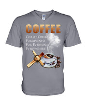Load image into Gallery viewer, Coffee Christ Offers Forgiveness For Everyone Everywhere Guys V-Neck
