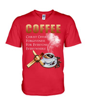 Load image into Gallery viewer, Coffee Christ Offers Forgiveness For Everyone Everywhere Guys V-Neck
