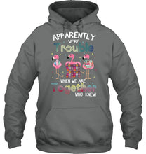 Load image into Gallery viewer, Apparently We're Trouble Pink Flamingo Quilting Together Hoodie
