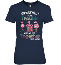 Load image into Gallery viewer, Apparently We're Trouble Pink Flamingo Quilting Together Ladies Tee
