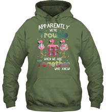 Load image into Gallery viewer, Apparently We're Trouble Pink Flamingo Quilting Together Hoodie
