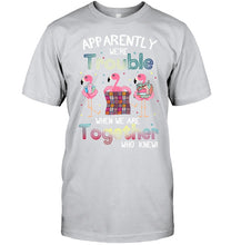 Load image into Gallery viewer, Apparently We're Trouble Pink Flamingo Quilting Together Guys Tee
