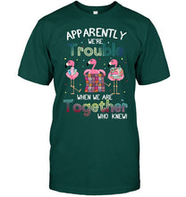 Load image into Gallery viewer, Apparently We're Trouble Pink Flamingo Quilting Together Guys Tee
